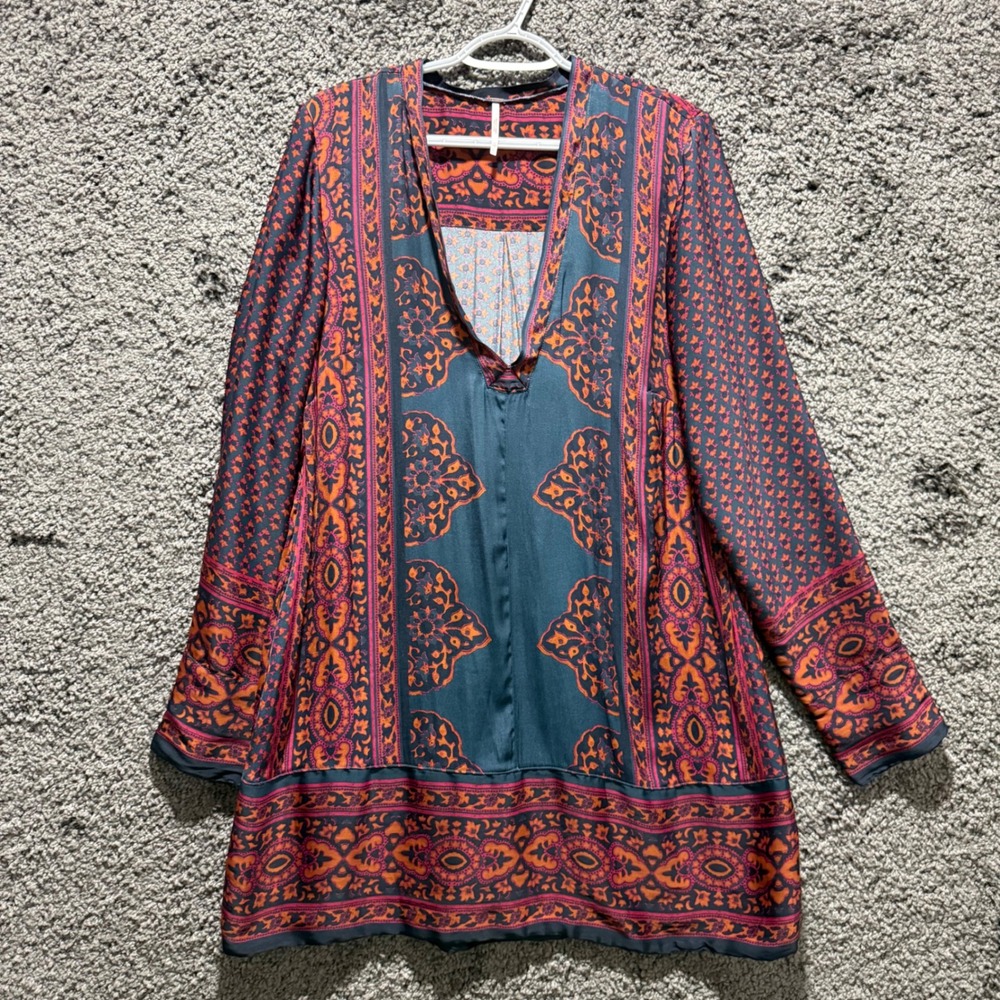 Free People Mini Dress Womens Large Teal Orange Excellent Boho Medallion Print - Picture 2 of 9